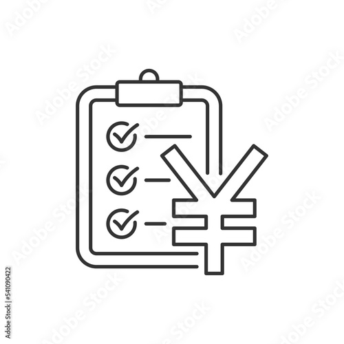 Yen currency sign and clipboard. Money checklist, financial report line icon isolated on white background. Vector illustration