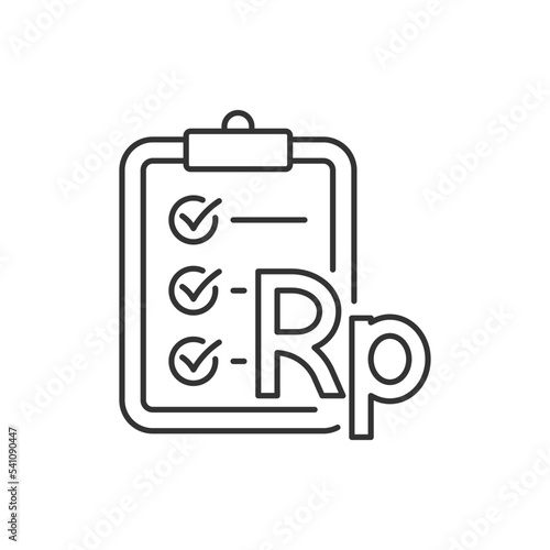 Rupiah currency sign and clipboard. Money checklist, financial report line icon isolated on white background. Vector illustration
