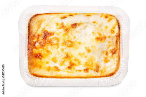 Meat lasagna on a white isolated background