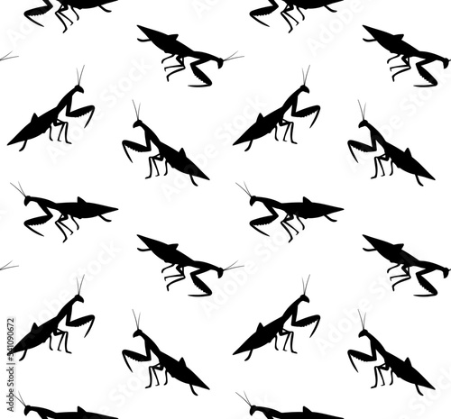 Vector seamless pattern of hand drawn mantis silhouette isolated on white background