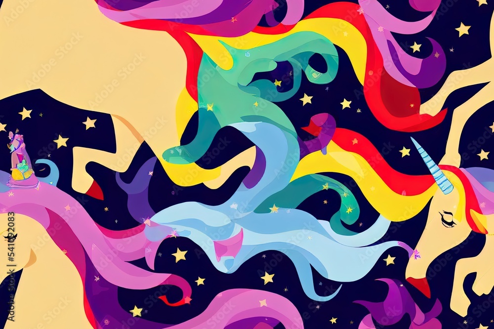 Obraz premium 2d illustration seamless childish pattern with princess, unicorns, stars, rainbow and other elements. Fairy hugging unicorn 2d illustration illustration. Seamless pattern with cartoon princess for