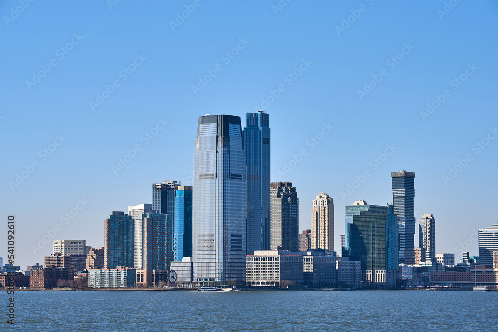The skyline of the Exchange Place neighborhood of the Jersey City Waterfront. Looking across New York Harbor.