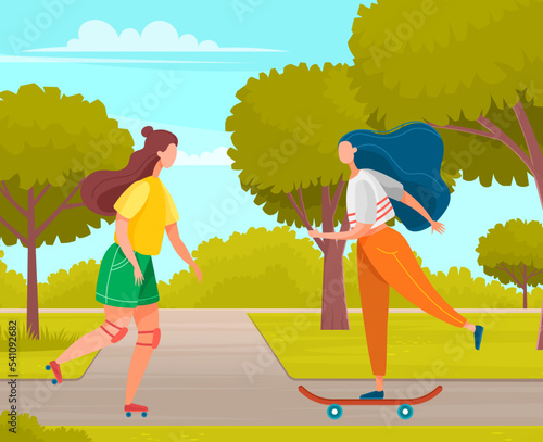 Young people active lifestyle extreme sport set. Girls roller skating and riding skateboard. Hipster sports walk, hobby. Skateboarding and rollerblading. Teenagers have fun walking in city park