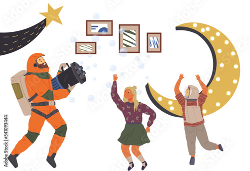 Set of happy people in different costumes for space party. Characters dressed as astronauts, explorers. Outfit for holiday in cosmic style. Men and women in creative self made suits for costume party