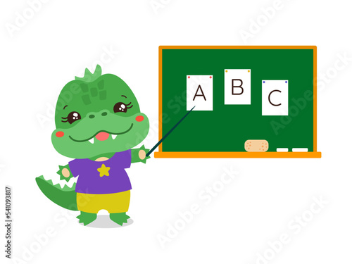 School student crocodile standing next to chalkboard with pointer. Abc learning. Little dinosaur dragon elementary pupil. Cute amphibian animal. Primary school subject vector. Education resources.