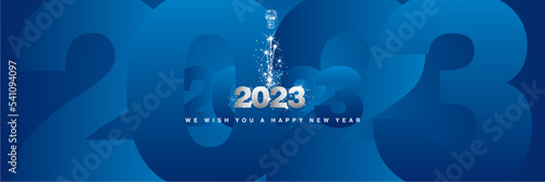 We wish you a Happy New Year 2023 sparkler firework shining silver blue background greeting card