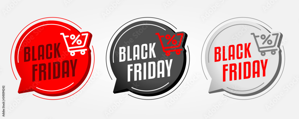 Black Friday Sign. Red and Black Stickers. Black Friday Banner On White Background. With Shopping Cart Icon