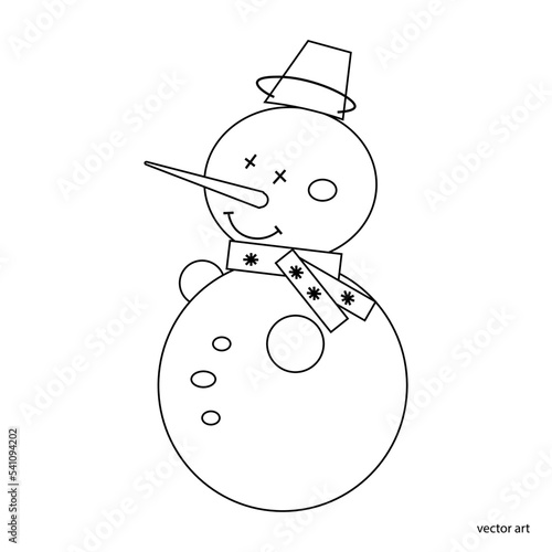 A Christmas snowman with a scarf and buttons looks aside and smiles, a black outline isolated