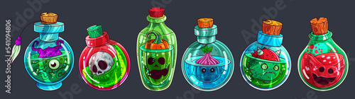 Collection set of magic potions for Halloween or any use, includes six fun bottles with cartoon style monsters. Vector illustration. (ID: 541094806)