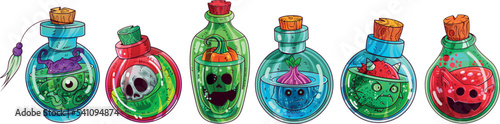 Collection set of magic potions for Halloween or any use, includes six fun bottles with cartoon style monsters. Vector illustration.