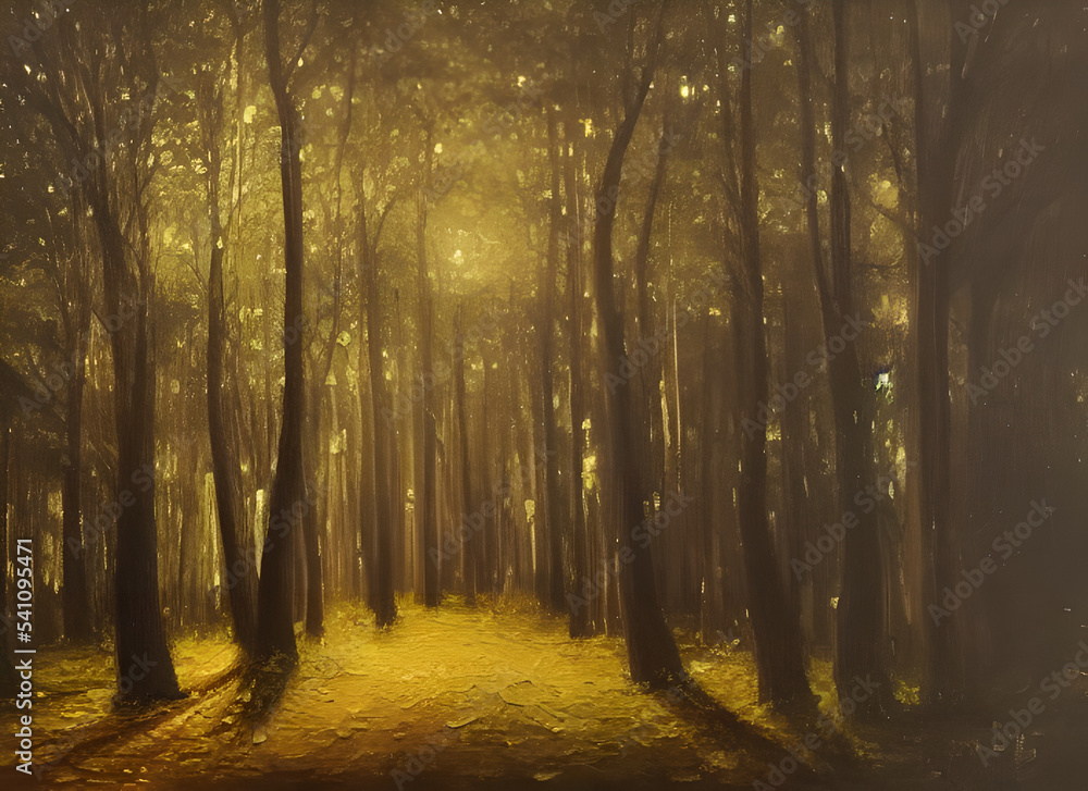 Fototapeta premium Green Sun Woodland Fall Tree Woods Foggy Sunrise Sunlight Morning Path Trees Summer Park Fog Autumn Spring Foliage Light Nature Road Forest Misty Landscape Mist