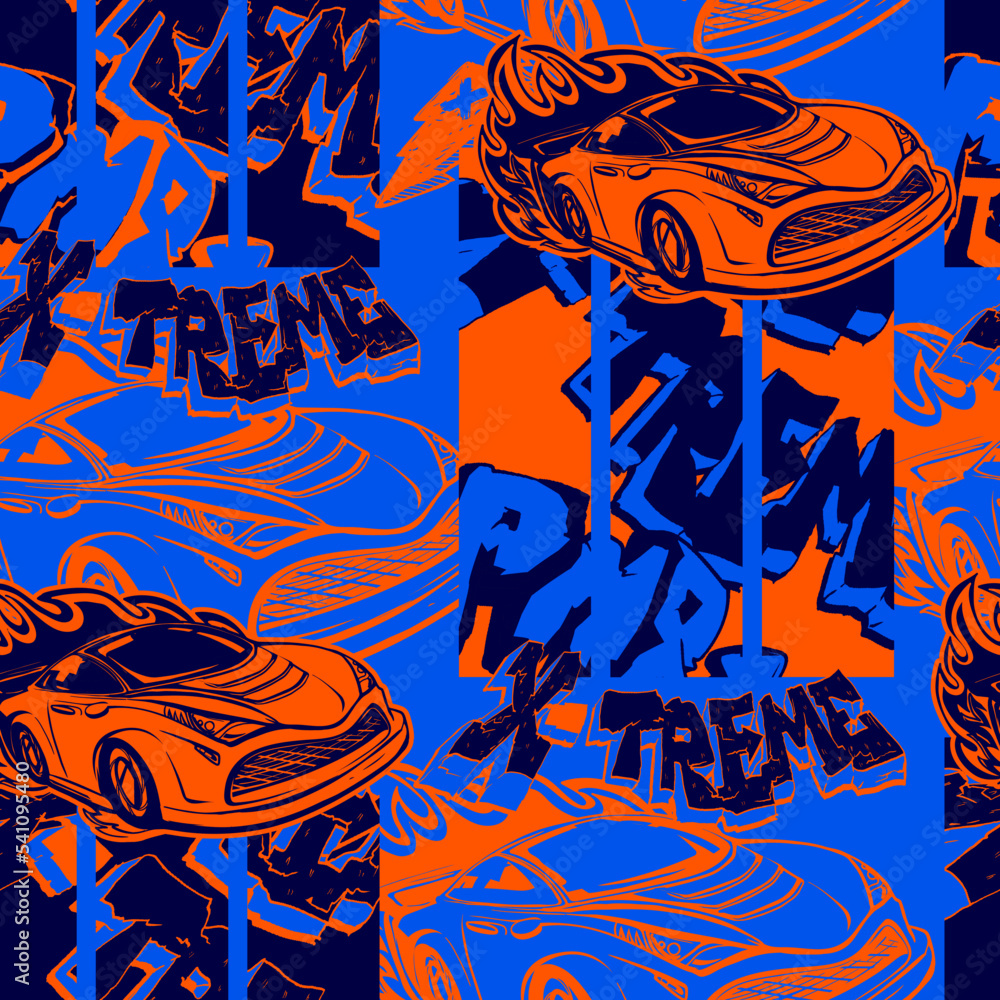 Speed sport car seamless pattern in blue and orange colors. Endless ornament with cars and fire track, graffiti text drawing in street art style. Automobile silhouette repeat print.