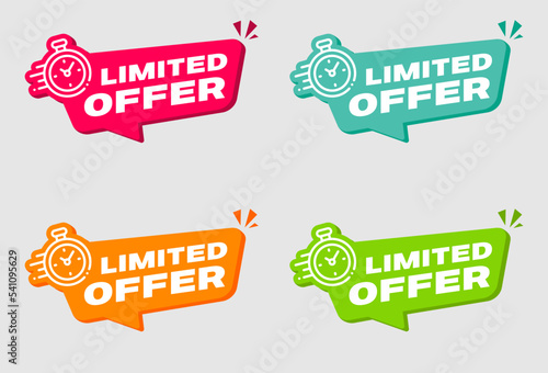 Limited Offer Sign. Red Blue Green Orange. Sticker With Timer Icon. Limited Offer Banner On White Background
