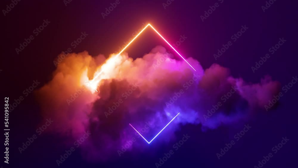 looping 3d animation. Abstract neon background with glowing square shape and spinning cloud. Blank geometric frame in the sky