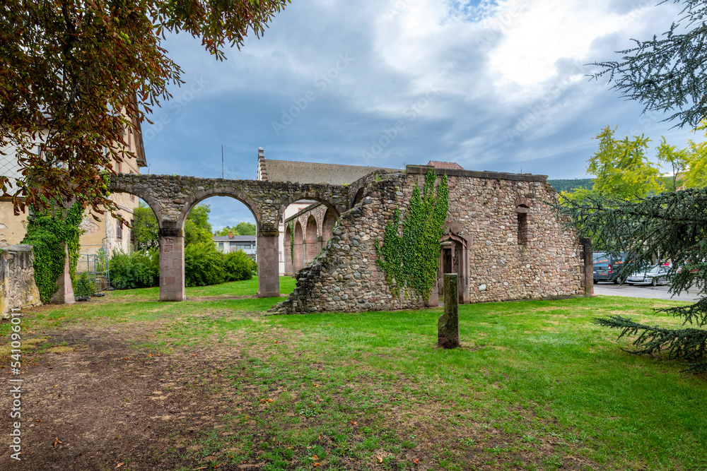 The remains of the cloister in the ruins of the 17th century Abbey of Saint Gregory in the village of Munster, France, in the Alsace region.