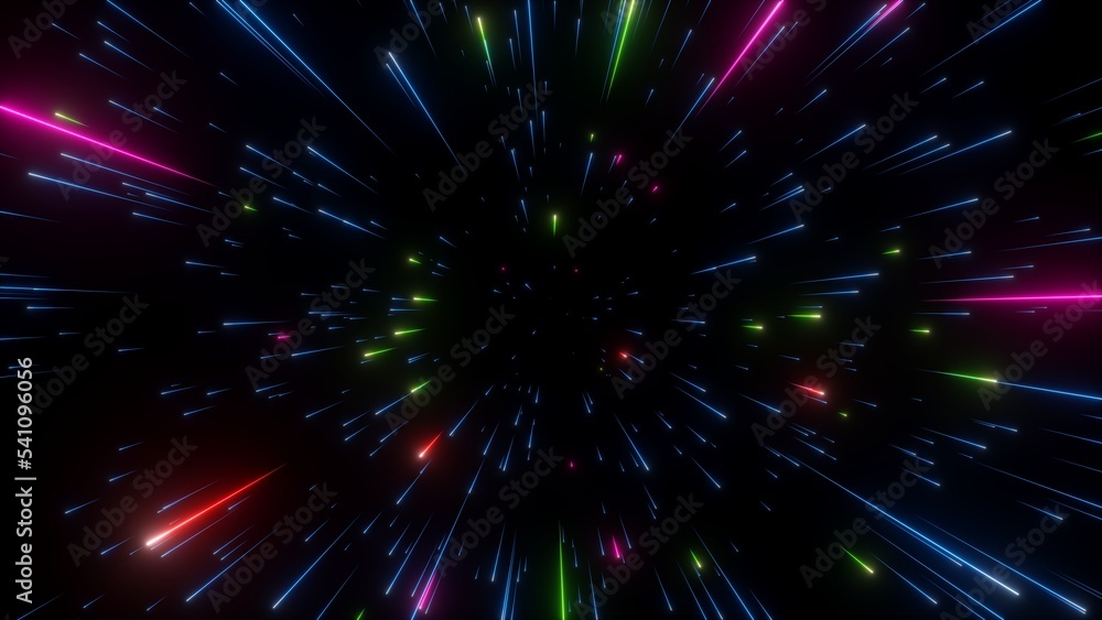 Obraz premium 3d render, abstract dark background with colorful bright neon stars and glowing lines. Space meteor shower. Festive fireworks