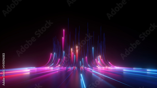 3d render, abstract futuristic neon background with glowing ascending lines. Fantastic wallpaper photo