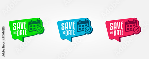 Save the Date Dialog Tags. Save the Date Sticker Green, Blue, and Pink On White Background