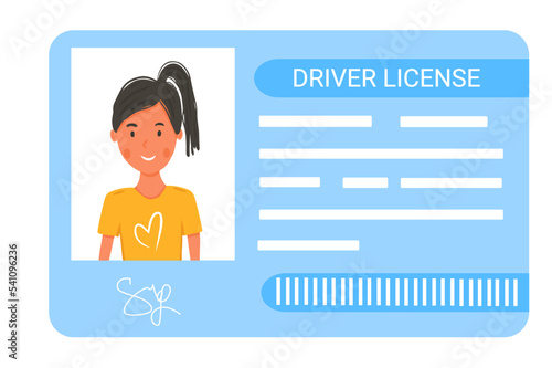Driver license card with woman on photo in cartoon style