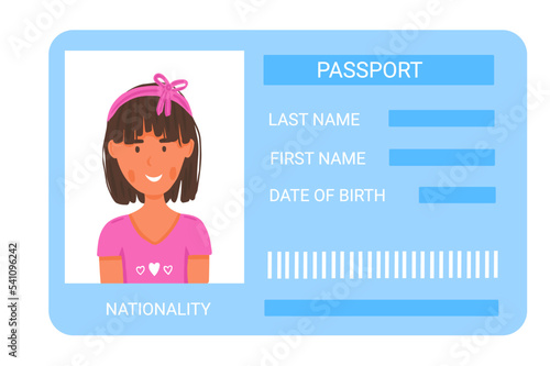 Passport id card for kids with photo in cartoon style