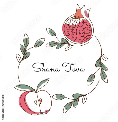Rosh hashanah jewish new year poster with pomegranate and apple in continuous line style