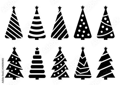 Christmas tree black silhouette. Vector set template for laser, paper cutting. Decorative ornate illustration. Trees for cards, flyers, print. Modern design for winter holidays. Home decoration