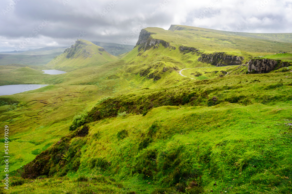 Quraing mountains and lakes landscape,summer season,the Isle of Skye,Highlands of Scotland,UK.