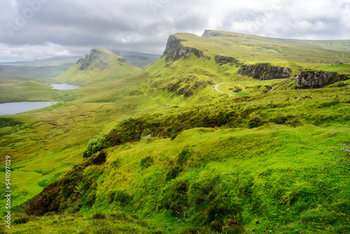 Quraing mountains and lakes landscape,summer season,the Isle of Skye,Highlands of Scotland,UK.