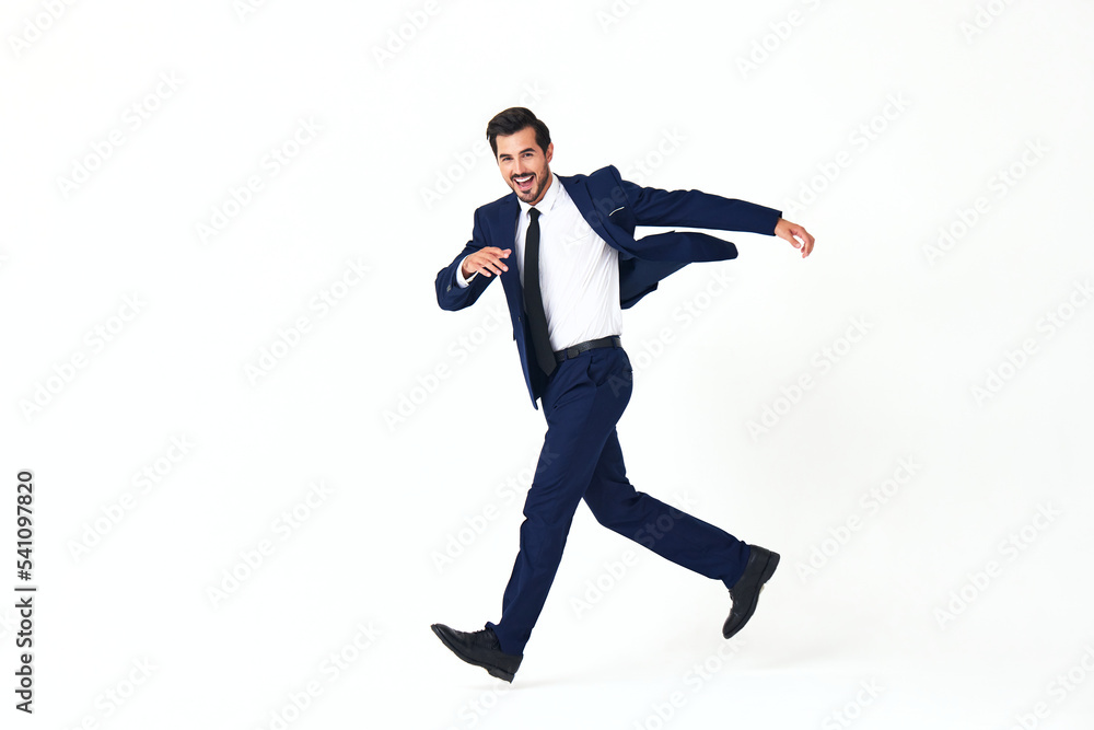 Man business smile with teeth in costume running and jumping flying up open mouth happiness and surprise full-length on white isolated background copy space Man business smile with teeth in costume running and jumping flying up open mouth happiness and surprise full-length on white isolated background copy space
