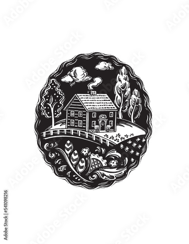 home in oval landscape