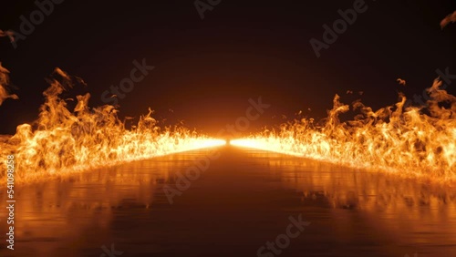 3d animated black background with blazing fire. Burning flames on both sides of the road