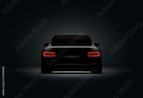 Back car light brake red vector design in black background. 3d car realistic dark design night illustration.