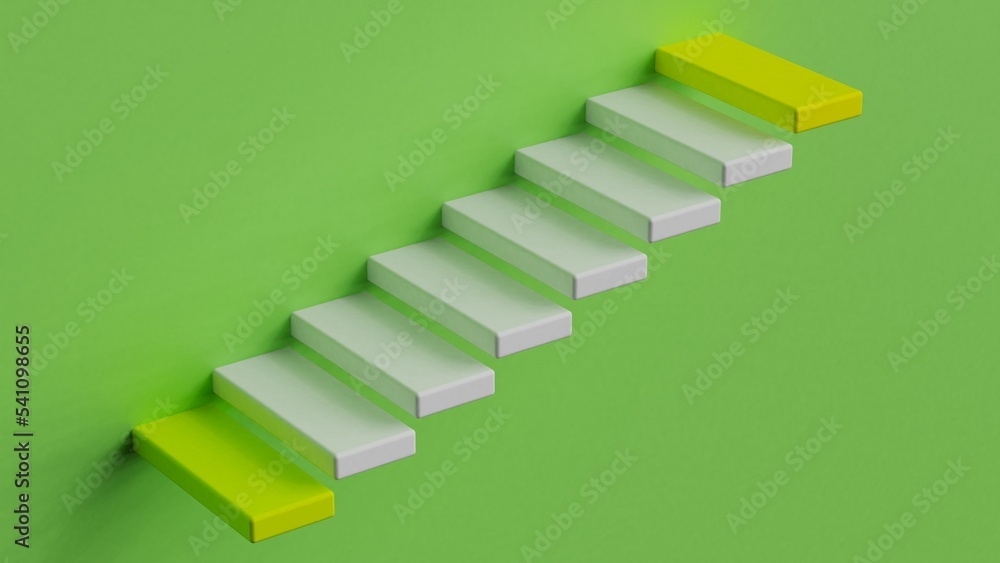 White stairs leading to yellow top and bottom step under lime green background. Concept 3D CG of success process, cramming for exams and road to wealth. White stairs leading to yellow top and bottom step under lime green background. Concept 3D CG of success process, cramming for exams and road to wealth.