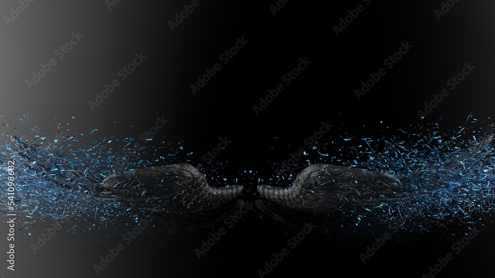 Black wings with blue particles under black-white lighting background. Concept 3D CG of free activity, decision without regret and strategic action.