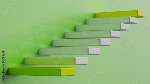 White stairs leading to yellow top and bottom step under lime green background. Concept 3D CG of success process  cramming for exams and road to wealth.