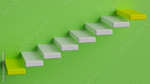 White stairs leading to yellow top and bottom step under lime green background. Concept 3D CG of success process, cramming for exams and road to wealth.