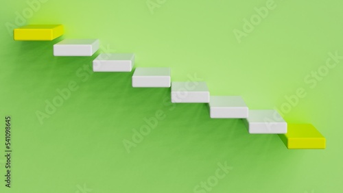 White stairs leading to yellow top and bottom step under lime green background. Concept 3D CG of success process, cramming for exams and road to wealth.
