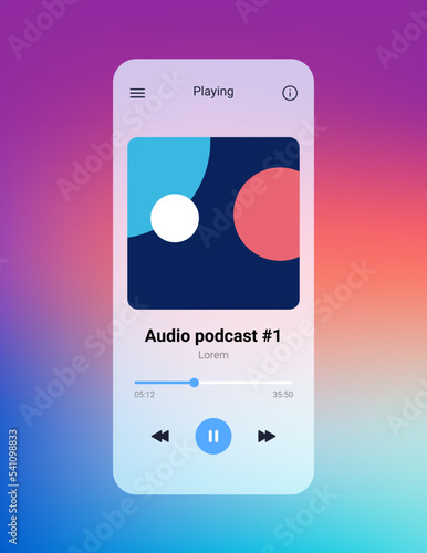 Music podcast player app template interface. Audio mobile podcast music player background vector design.