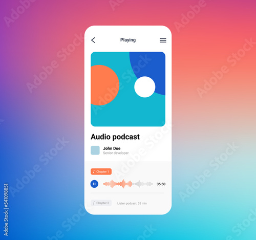 Music podcast player app template interface. Audio mobile podcast music player background vector design.