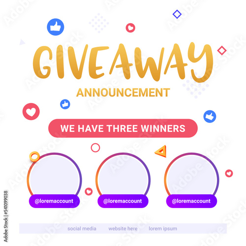 Giveaway template congratulation winner contest prize poster design. Giveaway event banner winner template vector.