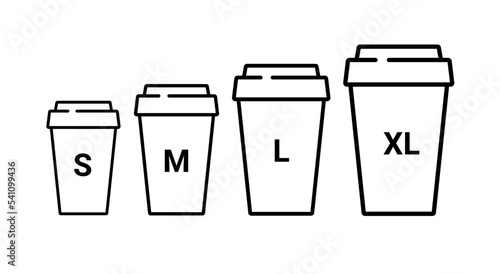 Coffee cup plastic size icon. Large small takeaway coffee cup vector line icon illustration sizes concept.