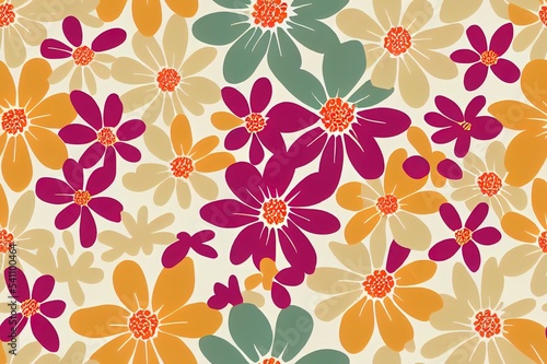 Trendy bright Floral pattern in the many kind of flowers. Botanical Motifs scattered random. Seamless 2d illustration texture. Scandinavian style wallpaper.