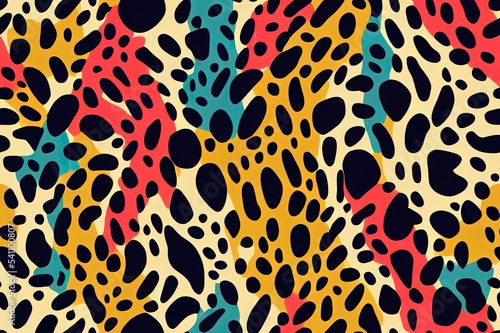 Animal skin print in rainbow colors  90s style. Colorful leopard spot seamless pattern design. Abstract blob  rosettes texture. Bold summer 2d illustration illustration for surface wrapping  fun
