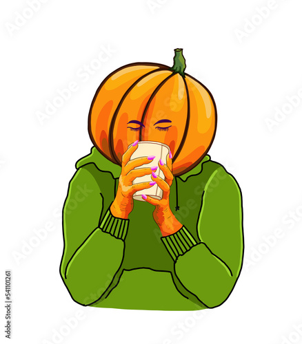 Pumpkin head figure wearing plush green hoodie sweater sips hot seasonal drink from medium white cup illustration hand drawn vector element transparent background