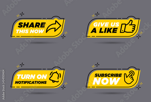 Share, Like, Notification, and Subscribe Buttons. Yellow and Black Set Vector for Social Media On Dark Background