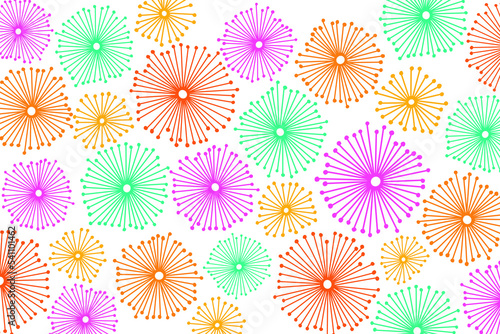 Hand drawn vintage inspired star burst dandelion flower doodle background in bold red purple green celebration hues
