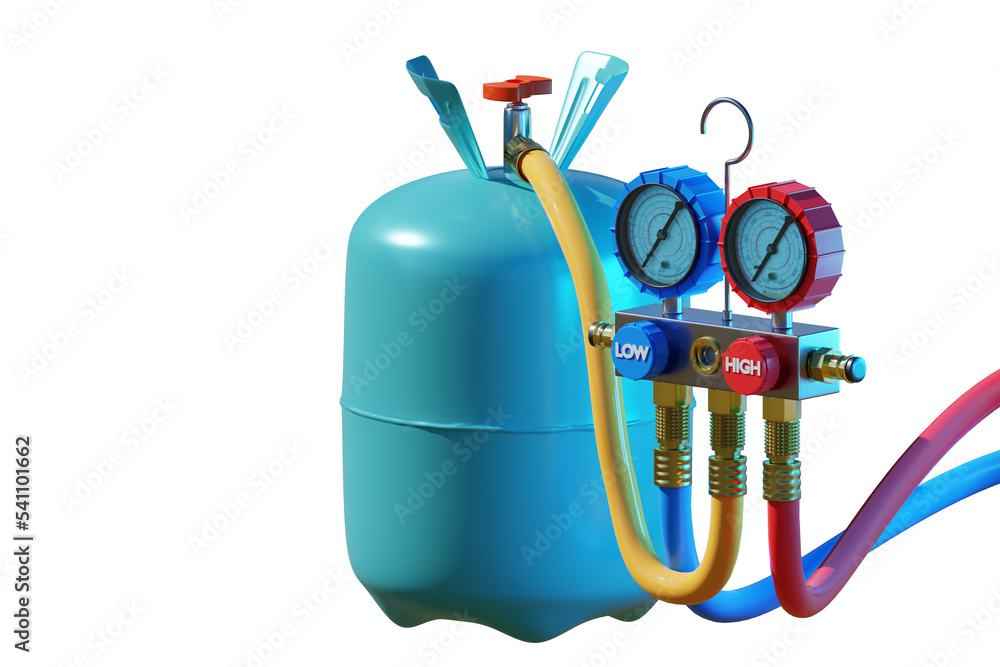 Freon gas balloon. Conditioner filling technology. Freon gas for