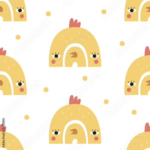 Seamless rainbow pattern with cute chicken. Vector illustration
