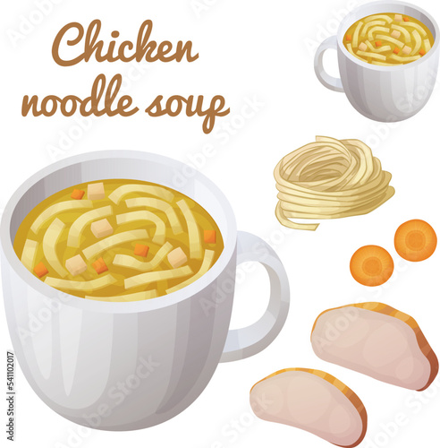 Noodle and chicken meat soup in a cup cartoon icon isolated on white background. Bullion with chicken meat and carrot slices vector illustration. First course food with ingredients in set