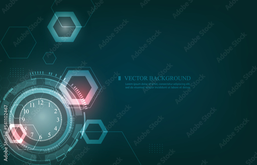 Obraz premium Technology computor analog clock vector background.geometric hexagon shape.time speed concept